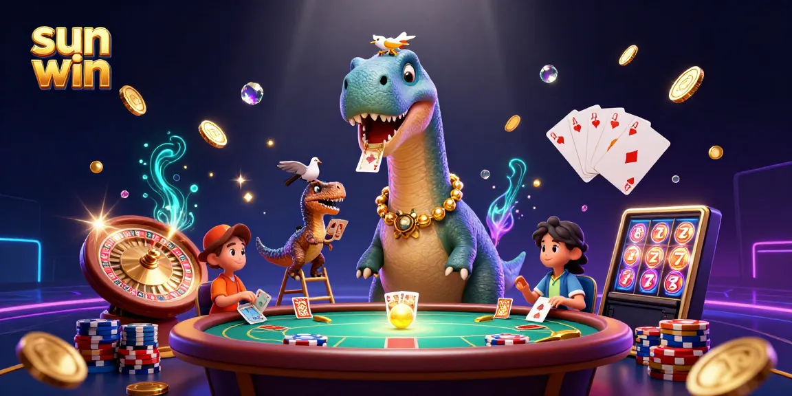 Engage with sun win at a vibrant casino scene featuring a brontosaurus and clever raptor dealer.